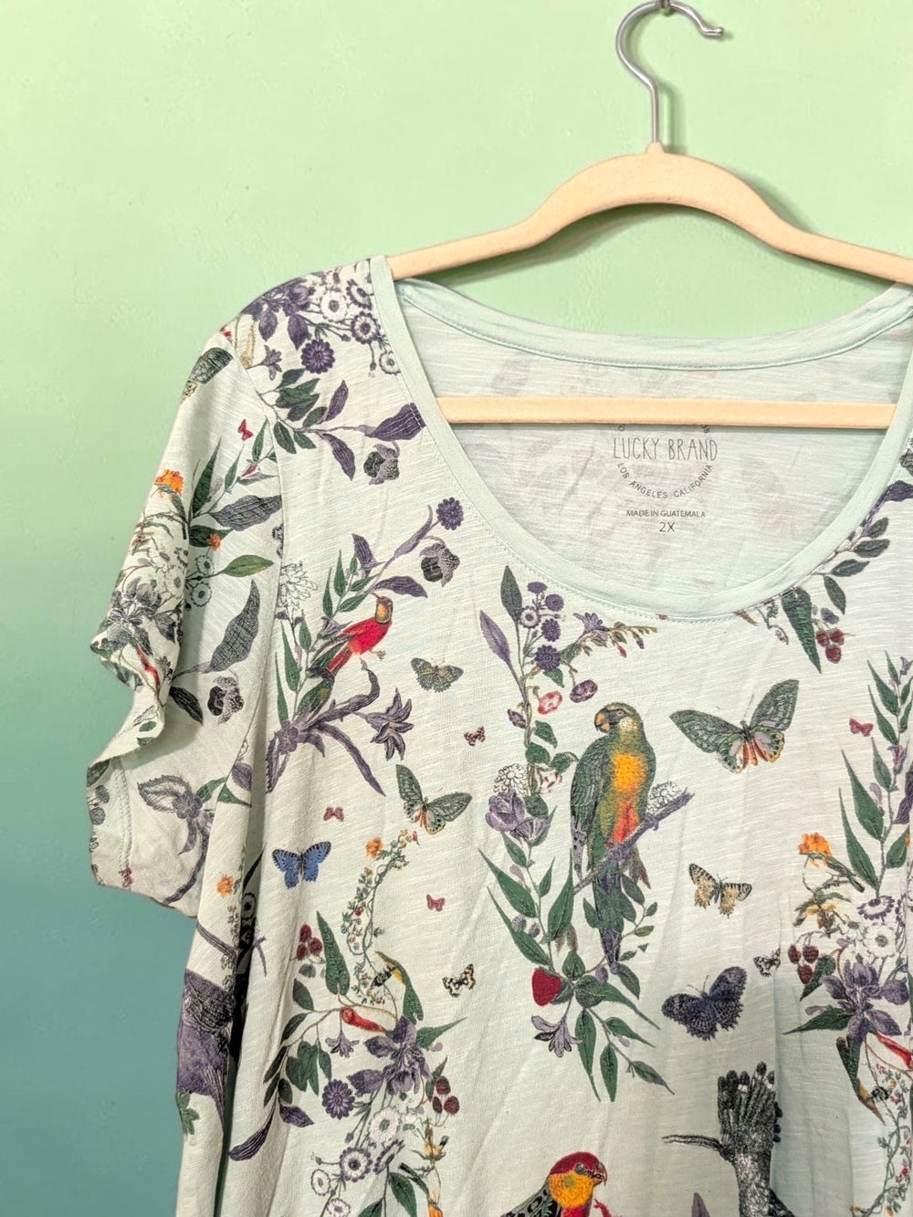 Lucky Brand Women's Mint Floral Parrot Print Scoop Neck Top